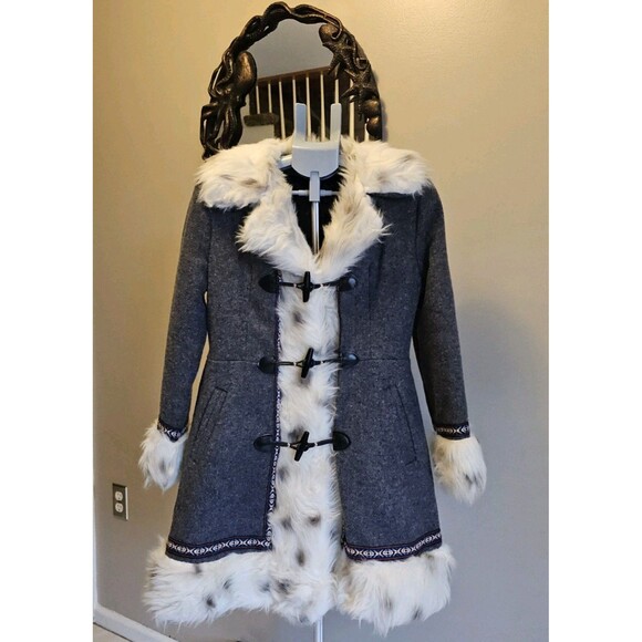 True Vintage 70s Gray Nordic Faux Fur Penny Lane Toggle Wool Coat Womens S Boho - Picture 1 of 8